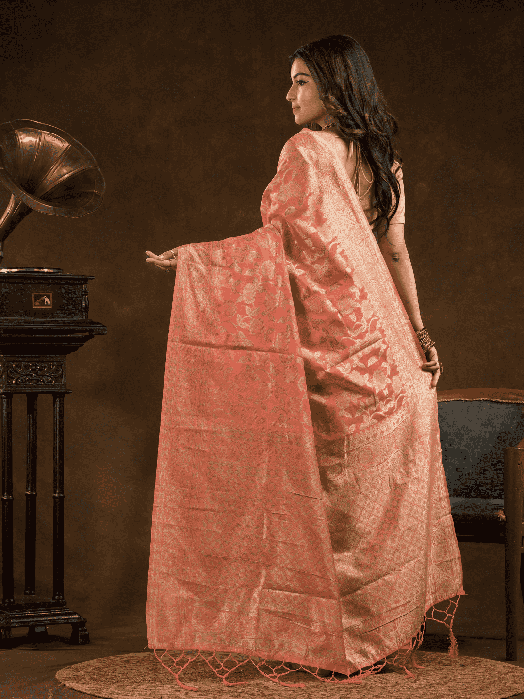 Chanderi Silk Floral Saree in Peach Pink (Precision Looms) -010