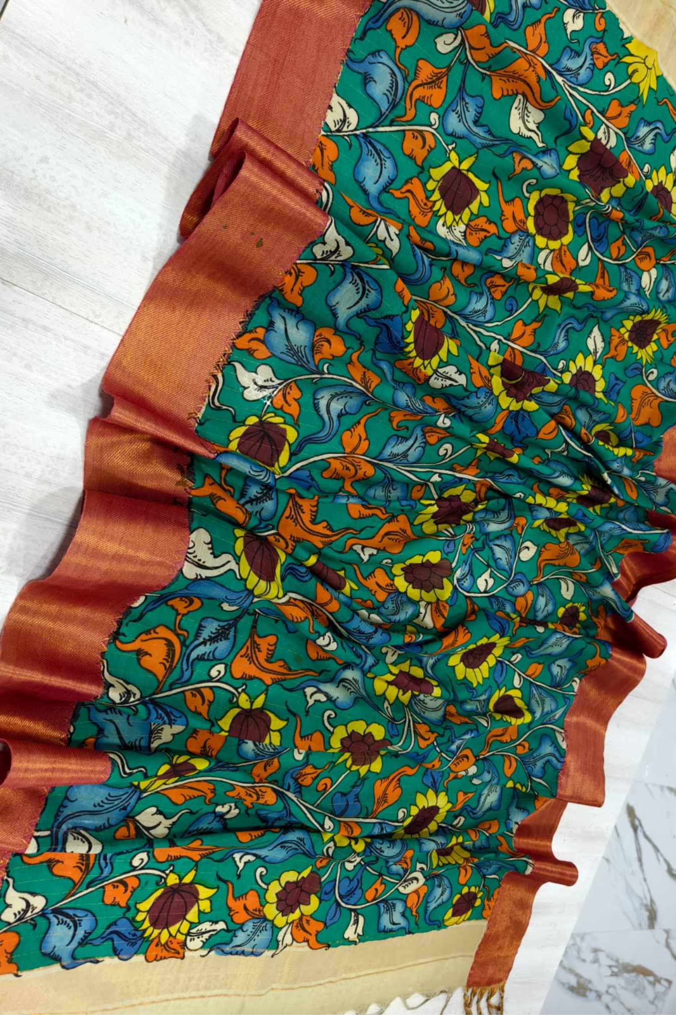 Teal Green Design  Bangalore silk Kalamkari Dupatta  -003