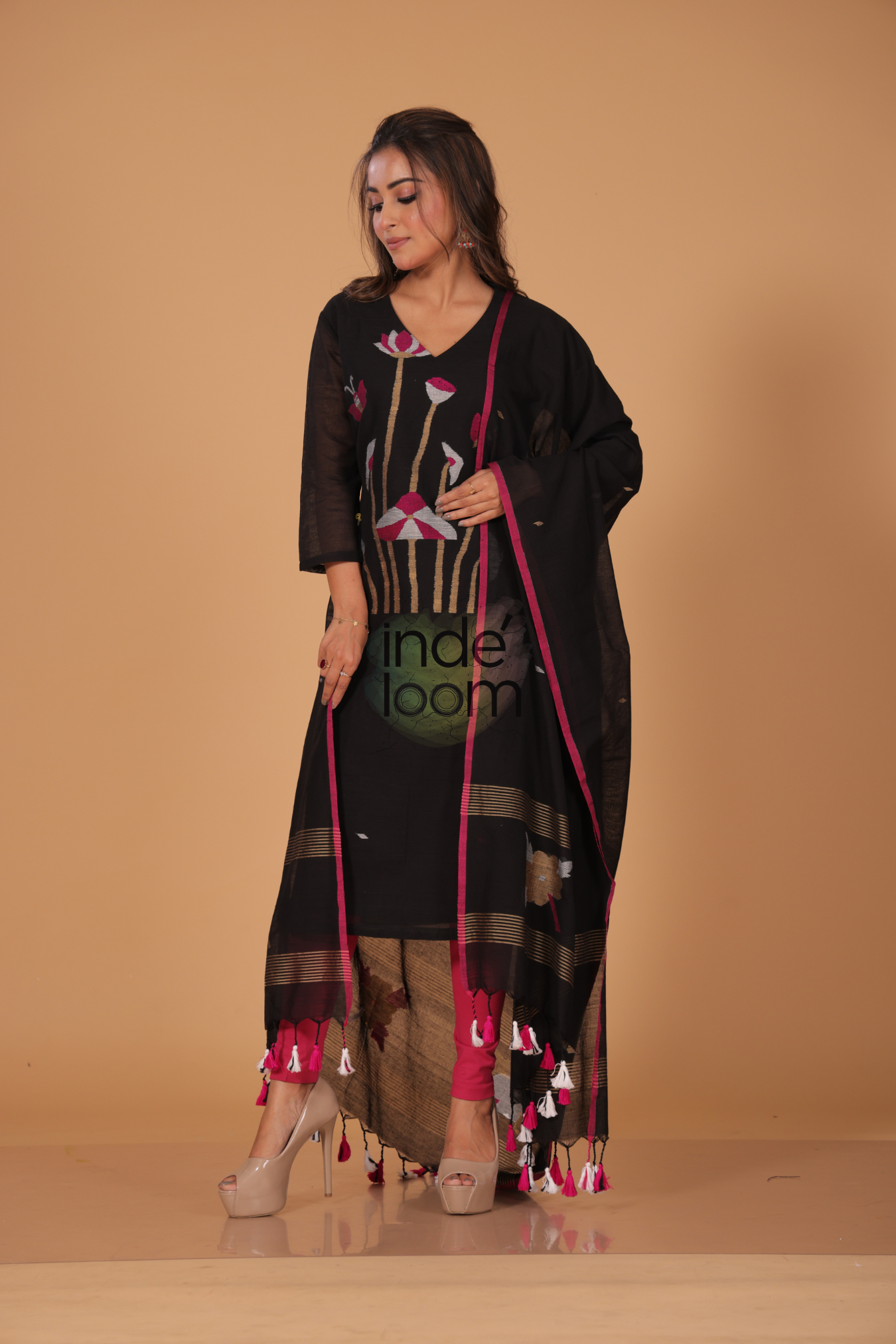 Muslin Jamdani 2-Piece Set Kurti & Dupatta (UNSTITCHED) - Rich Black - 080