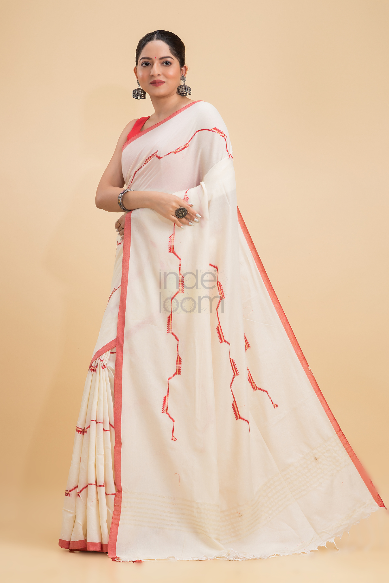 Durga Puja Saree Handloom Cotton in Red White- 001