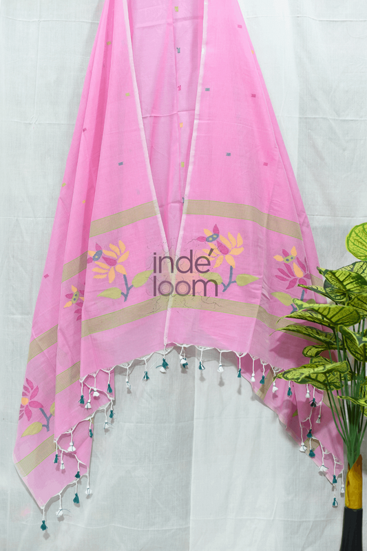 Cotton Jamdani 2 Piece Set Kurti & Dupatta with Baby Pink - Jamdani Kurti - 155