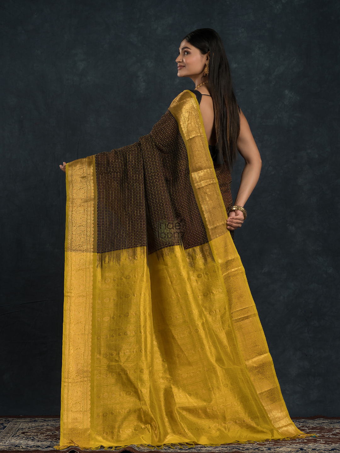 Korvai Saree Lakshadeepam black with olive green border and yellow Border - 134