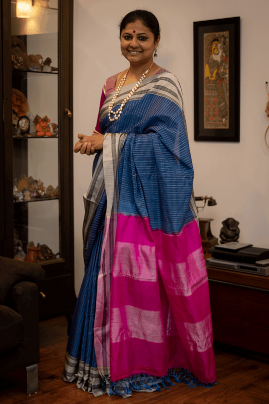 Blue with Pink  Pallu and Cream White Border  Ilkal Saree-010