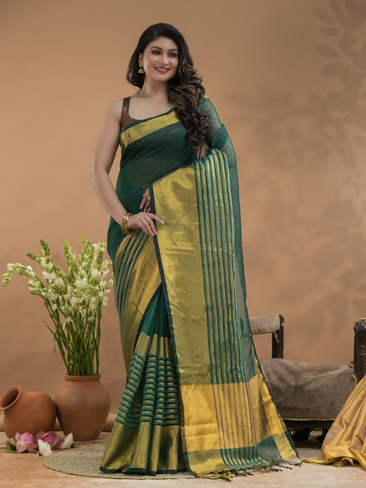 Tissue Silk Saree In Dark Green  -032