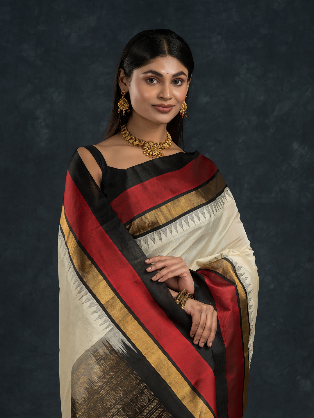 Korvai Saree with Temple border Pearl White and Red Black Border - 124