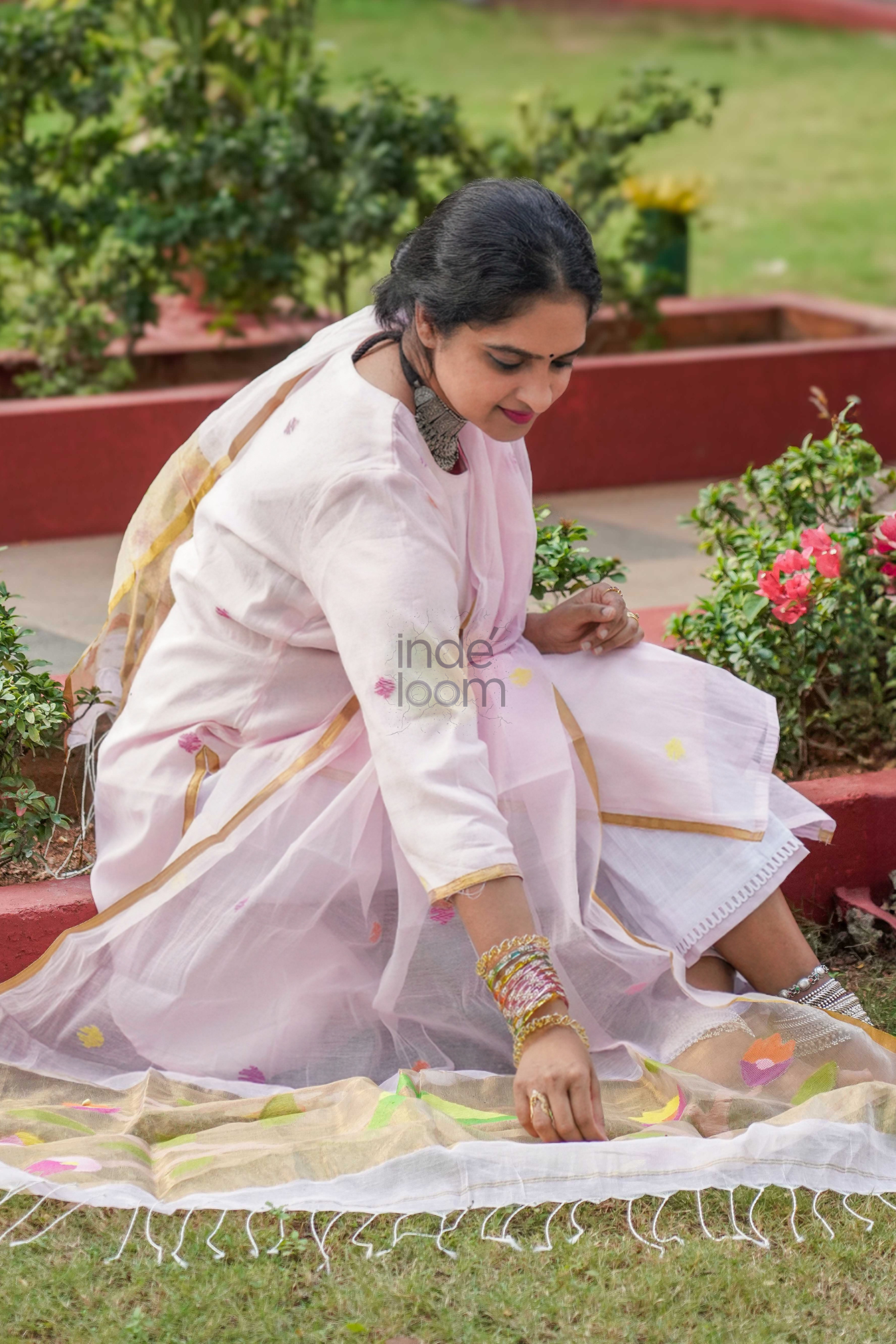 Baby Pink Muslin Jamdani 2 Piece Set Kurti & Dupatta (UNSTITCHED) -361