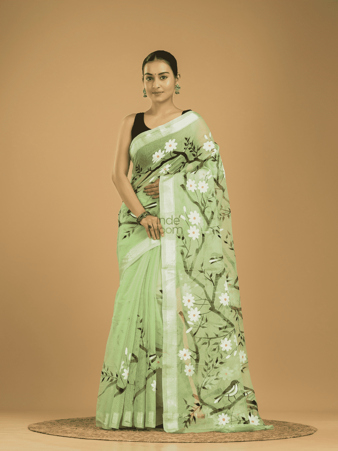 Kota Doria Handpainted  Saree With Mint Green - 001