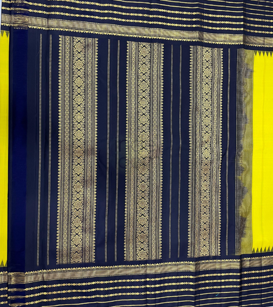 Pure Yellow with Navy Blue Pallu and Golden Striped Zari  Kanjivaram Silk Saree -007