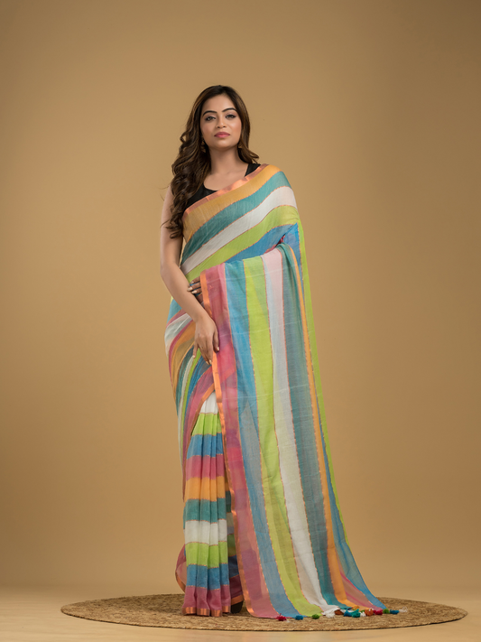 Multi Colours Mul Cotton Zari Stripes Saree - 035