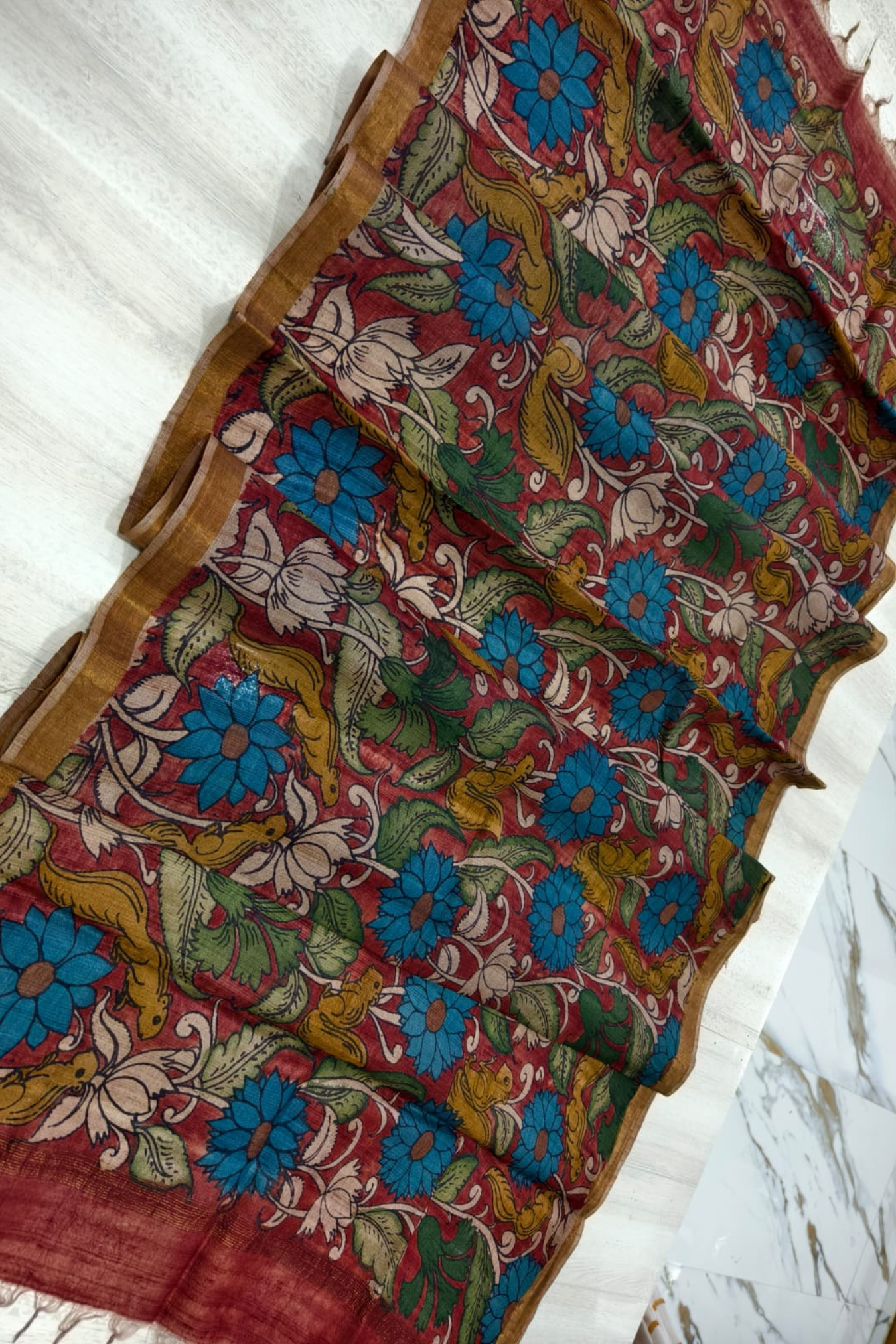 Cherry Red  Design Tussar Silk Kalamkari Dupatta -019