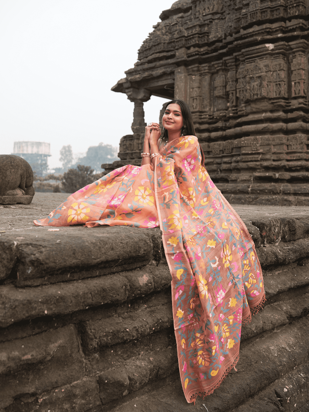 Coral Orange Jamdani Saree - 060 - indeloom