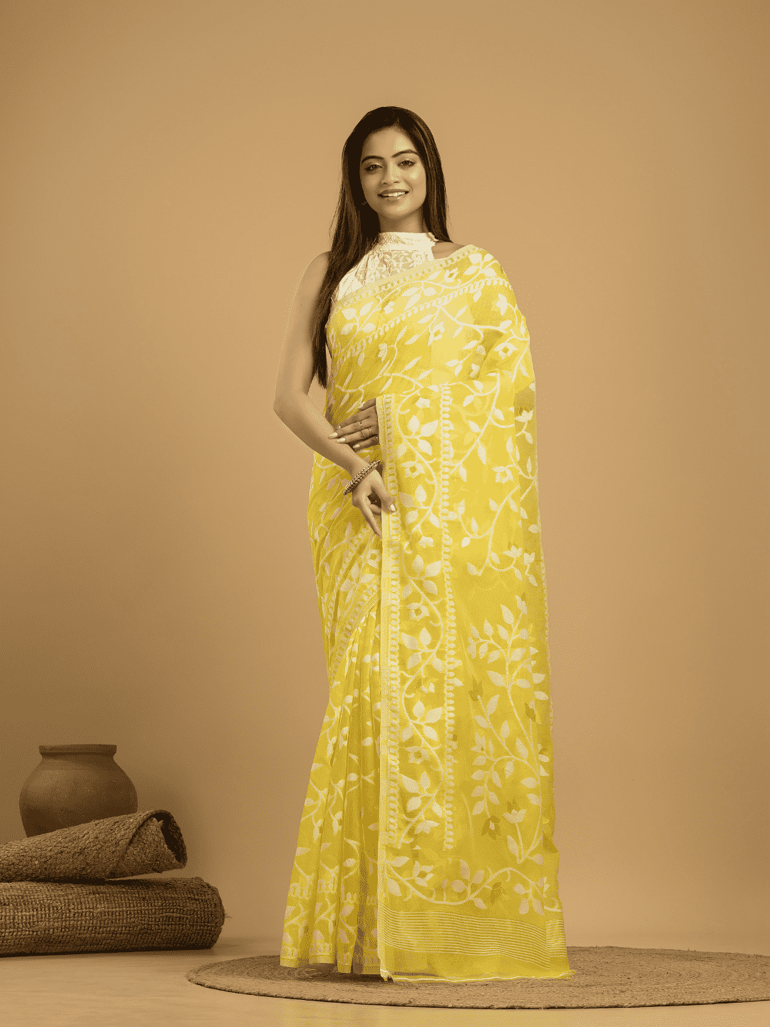 Lemon Yellow Cotton Silk Jamdani Saree - 026