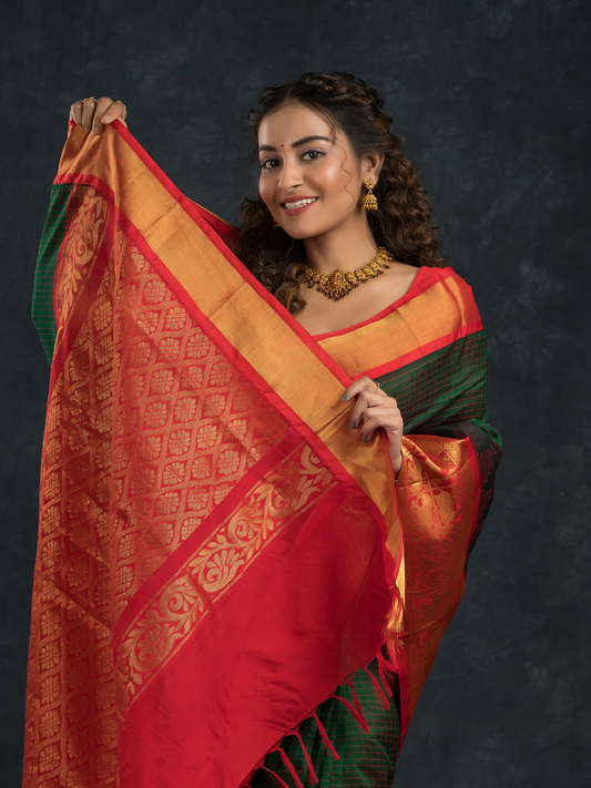 Korvai Saree Forest Green With Golden Red Border - 105