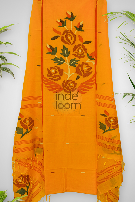 Cotton Jamdani 2 Piece Set Kurti & Dupatta with Bright Yellow  -388