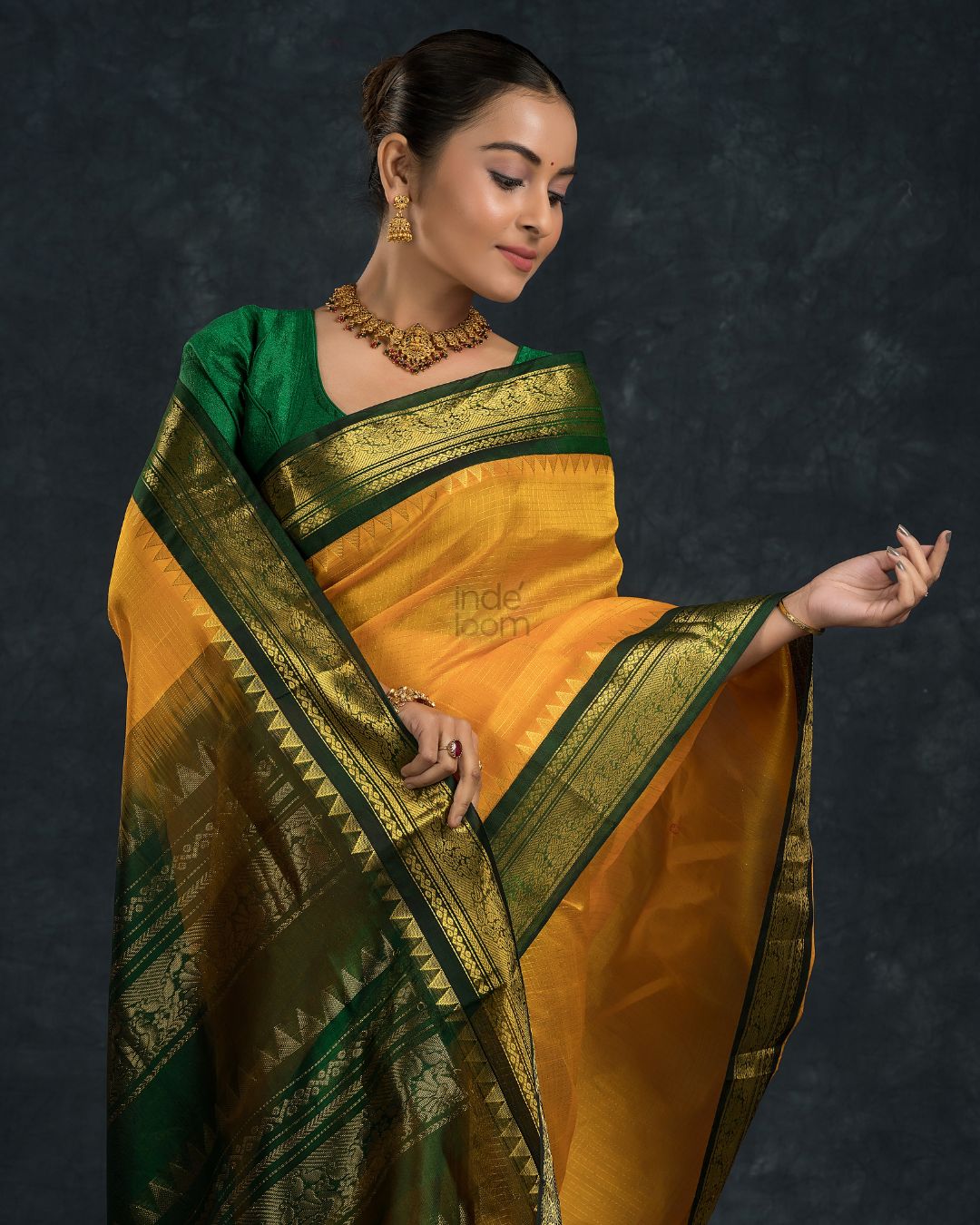 Pure Handloom Korvai Silk Cotton Vairaoosi Saree in Bright Yellow and leaf Green Border - 136