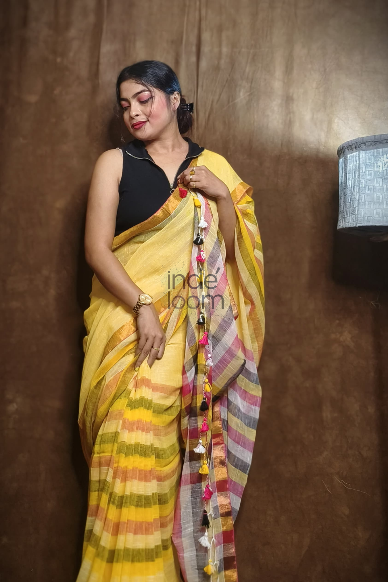 Handloom Linen Checks Saree with Mango Yellow-004