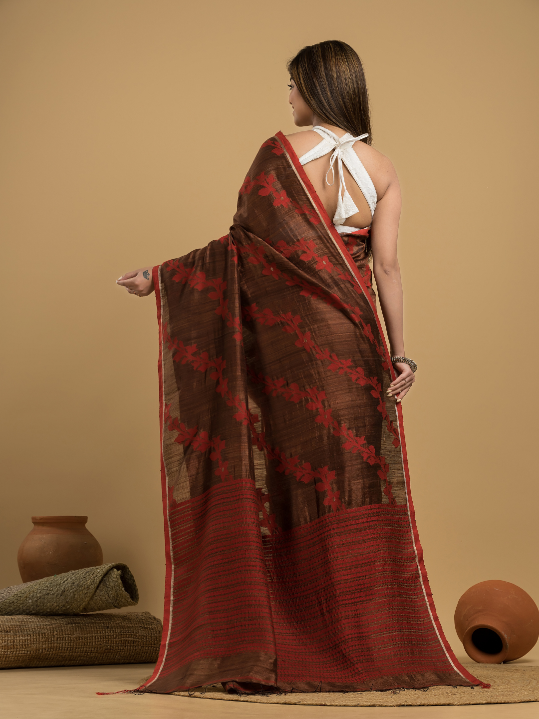 Red Brown Matka Silk Jamdani Saree - 049