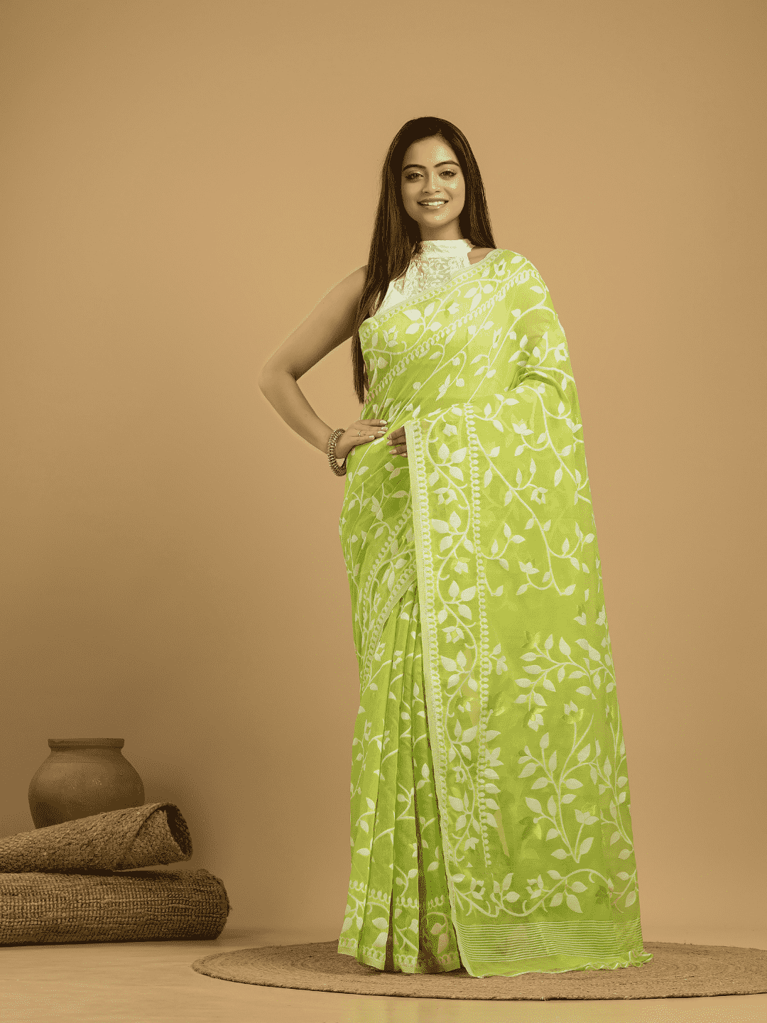 Pear green Cotton Silk Jamdani Saree - 007