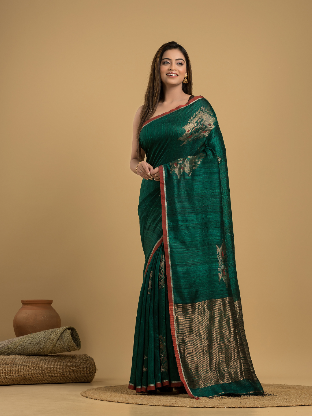 Dark Green Matka Silk Jamdani Saree - 041