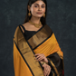 Korvai Saree with elephant Border in Mustard with Black border - 101