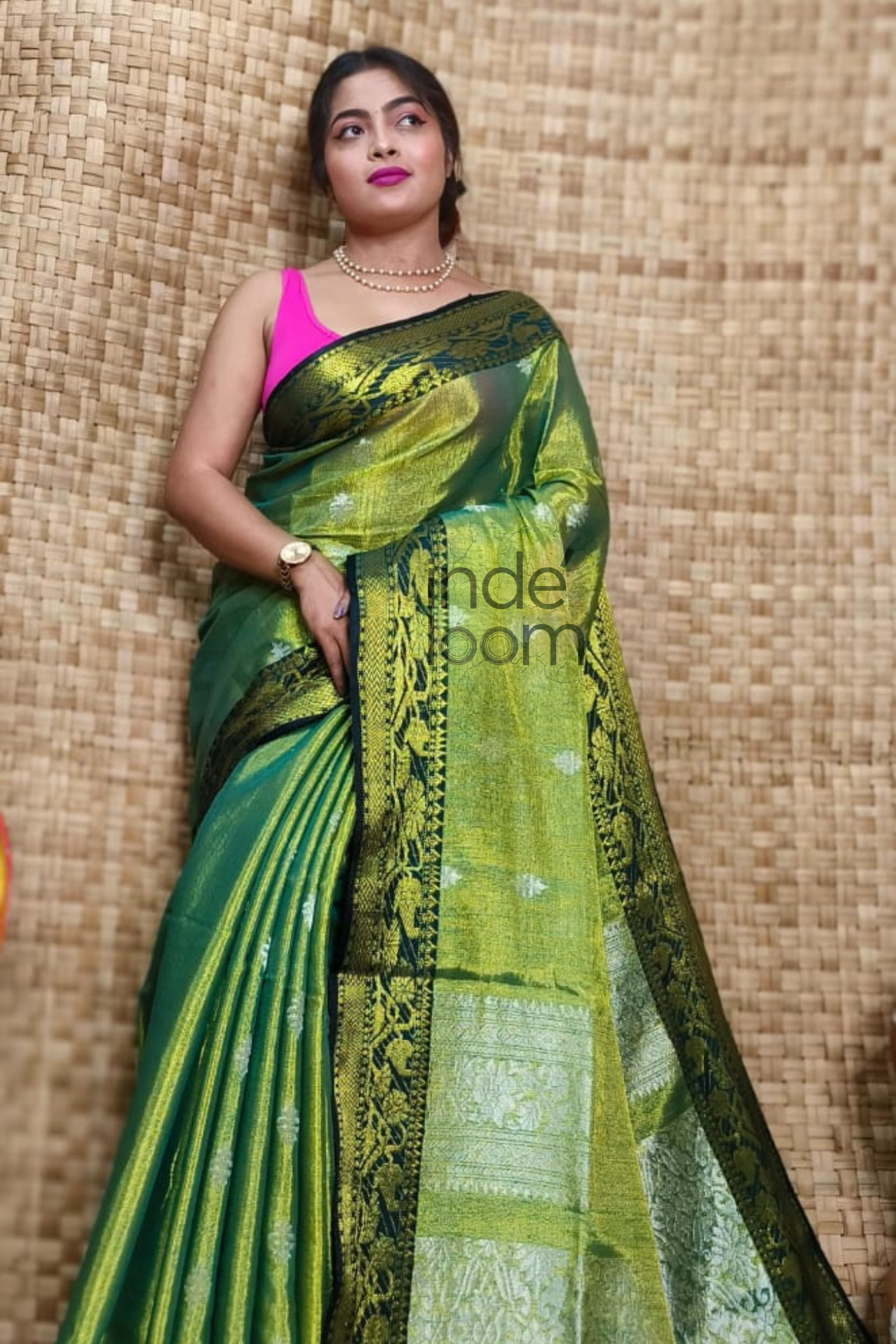 Tissue Silk Benarashi Jamdani Saree with Forest Green and White Designed Butties-109