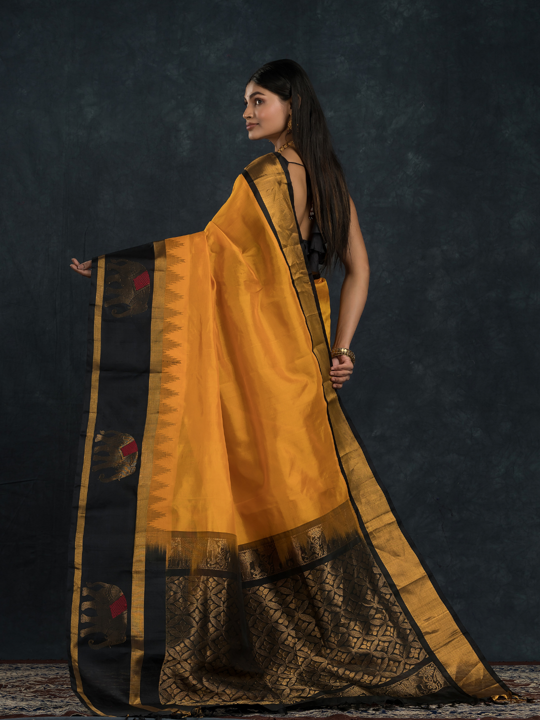 Korvai Saree with elephant Border in Mustard with Black border - 101