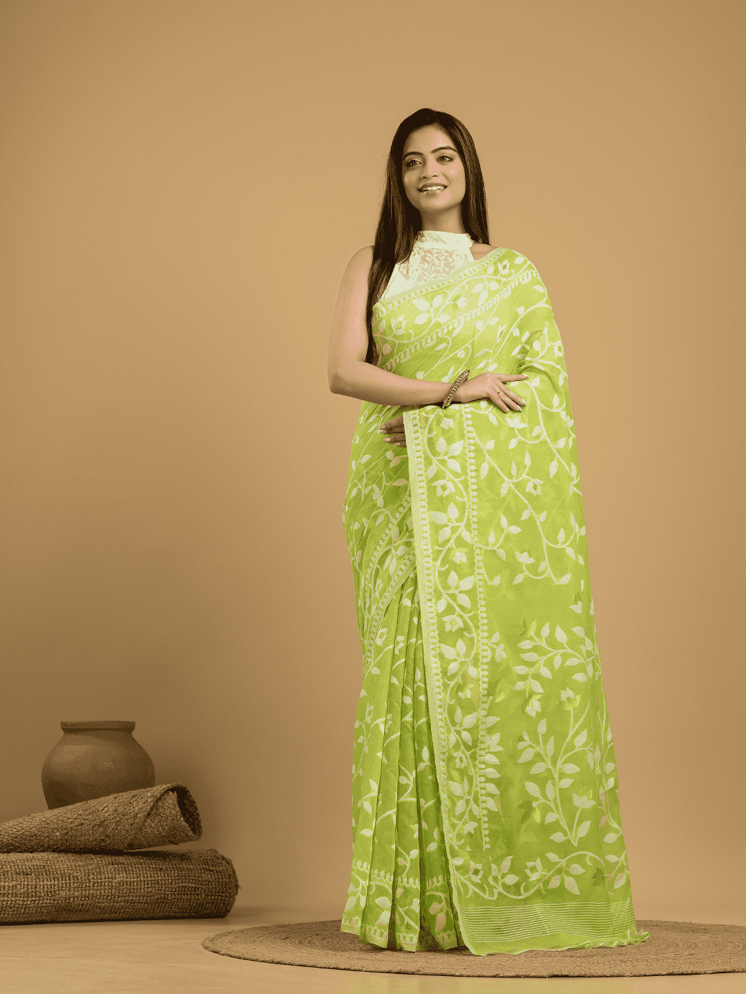 Pear green Cotton Silk Jamdani Saree - 007