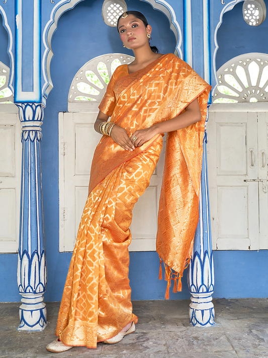 Chanderi Silk Woven Geometric Saree In Golden Yellow (Precision Looms) - 012