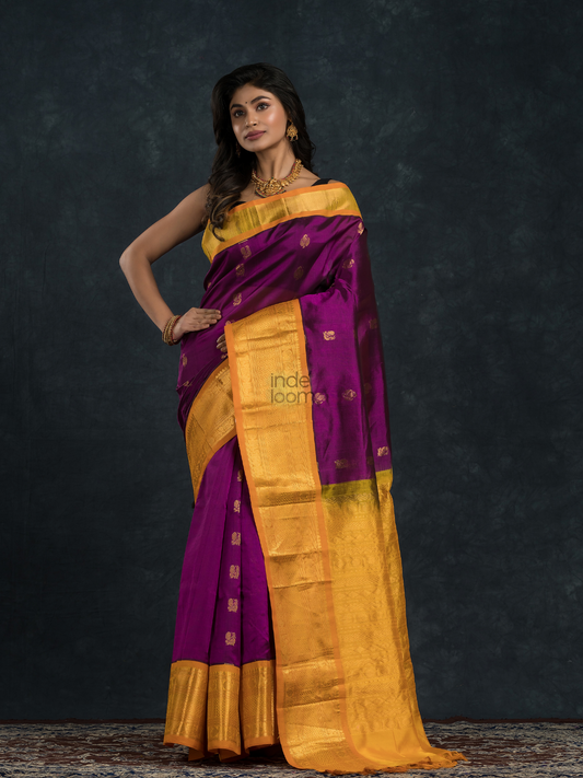 Korvai Saree Plum Purple With Golden Yellow Border - 110