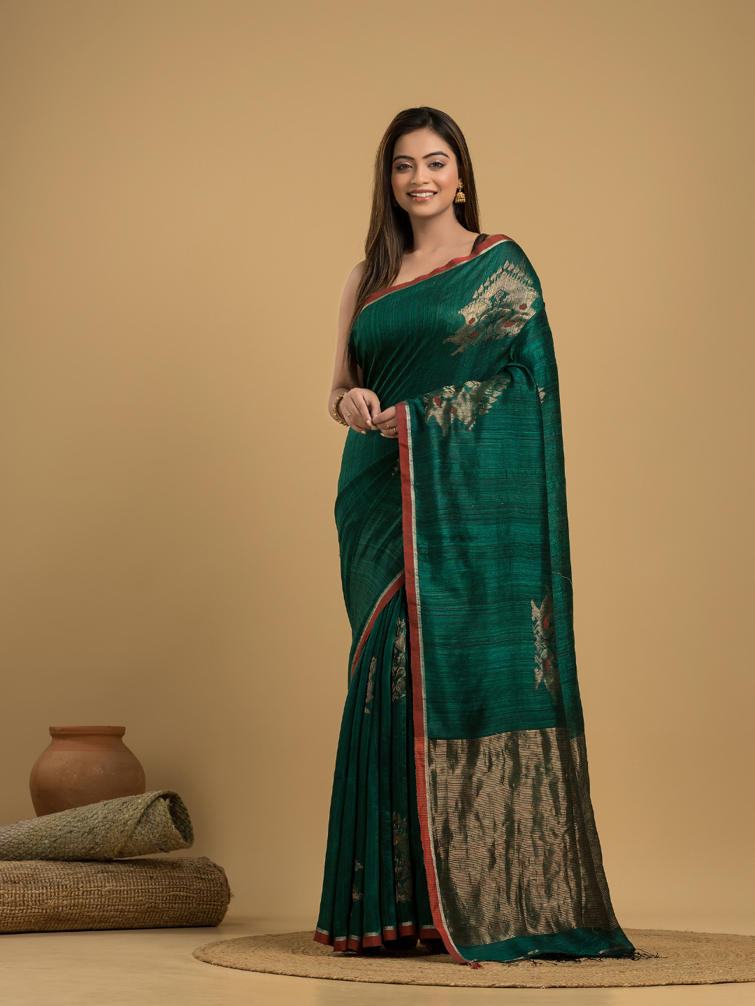 Dark Green Matka Silk Jamdani Saree - 041 - indeloom