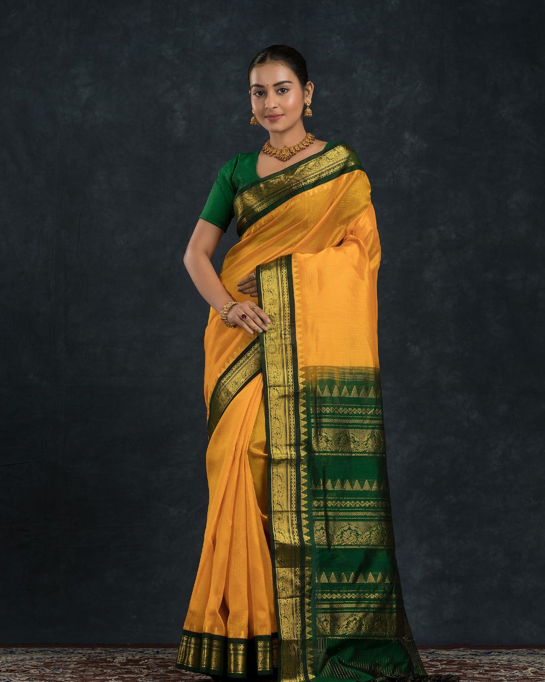 Pure Handloom Korvai Silk Cotton Vairaoosi Saree in Bright Yellow and leaf Green Border - 136