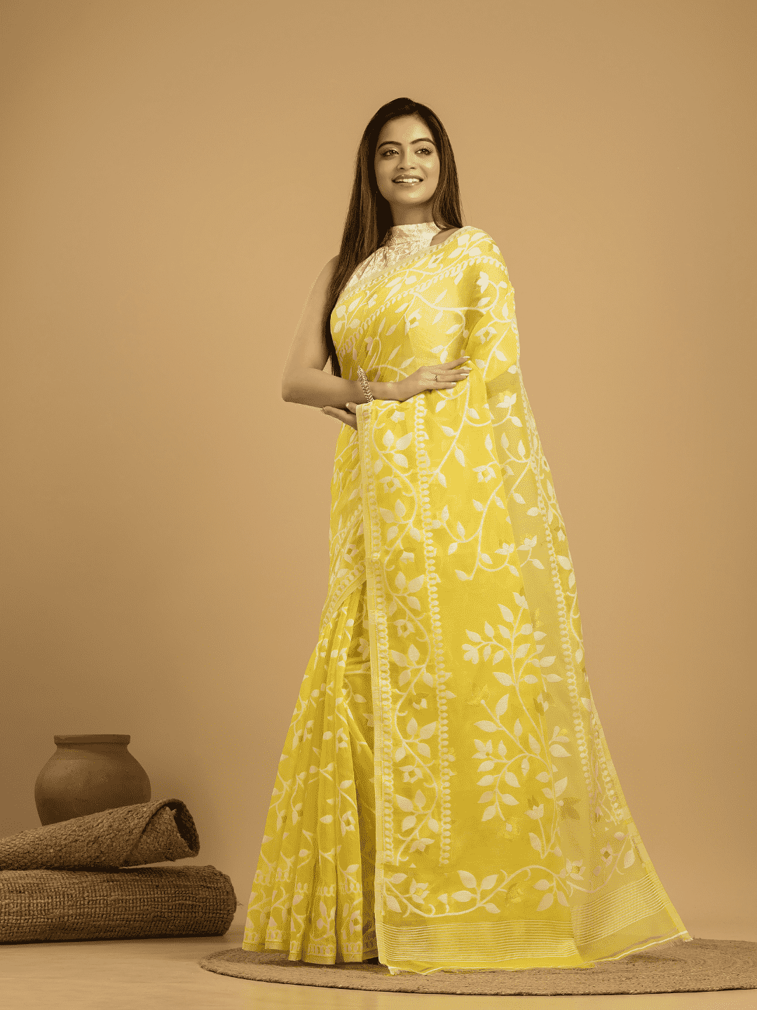 Lemon Yellow Cotton Silk Jamdani Saree - 026 - indeloom