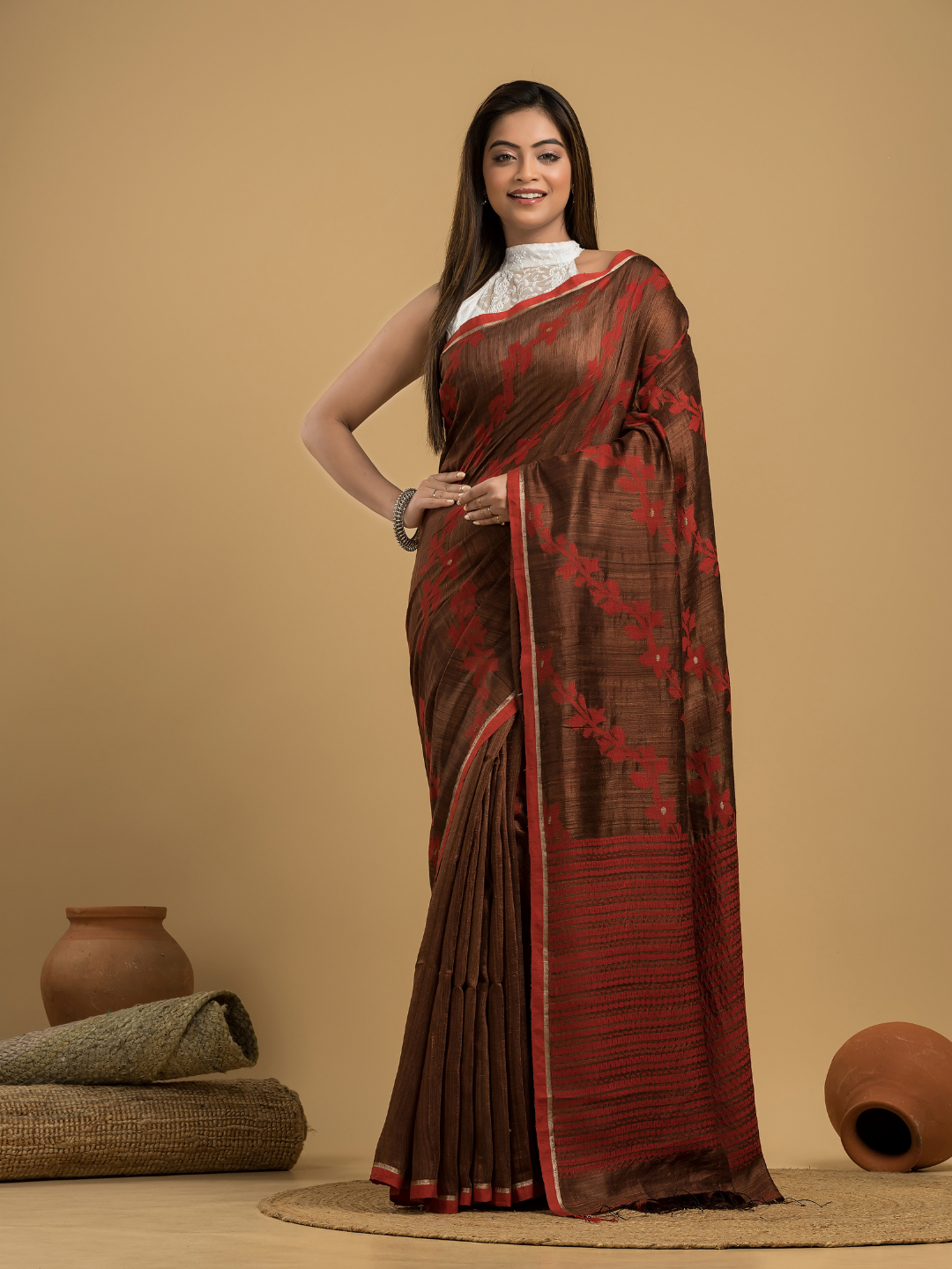 Red Brown Matka Silk Jamdani Saree - 049