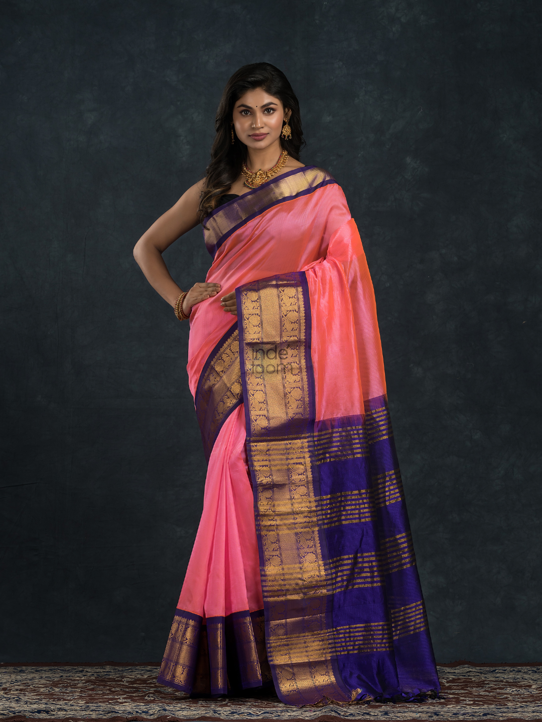 Pure Handloom Korvai Silk Cotton Saree in Hot Pink with Golden Blue Border - 112