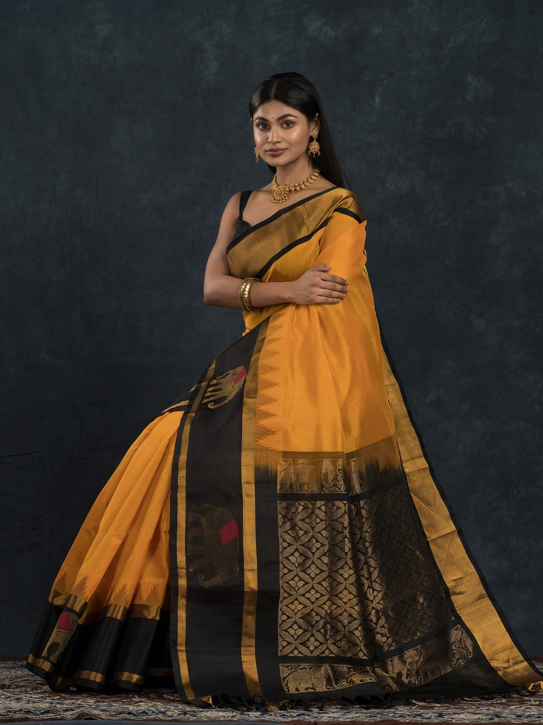 Korvai Saree with elephant Border in Mustard with Black border - 101