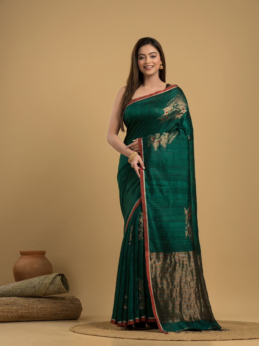 Dark Green Matka Silk Jamdani Saree - 041 - indeloom