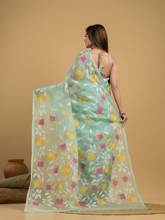 Mint Green Matka Silk Jamdani Saree - 043