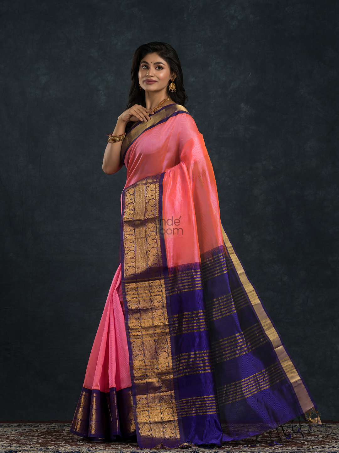 Korvai Saree Hot Pink with Golden Blue Border - 112