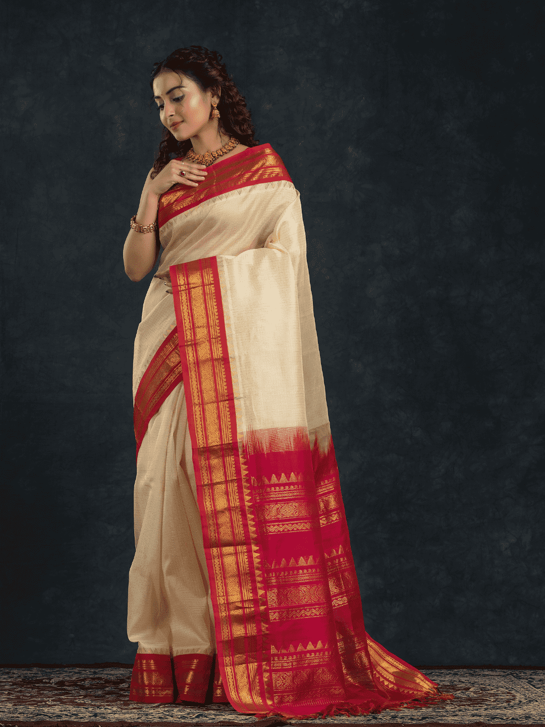 Pure Handloom Korvai Silk Cotton Saree in Rich Cream and Red Border with small Zari checks - 122