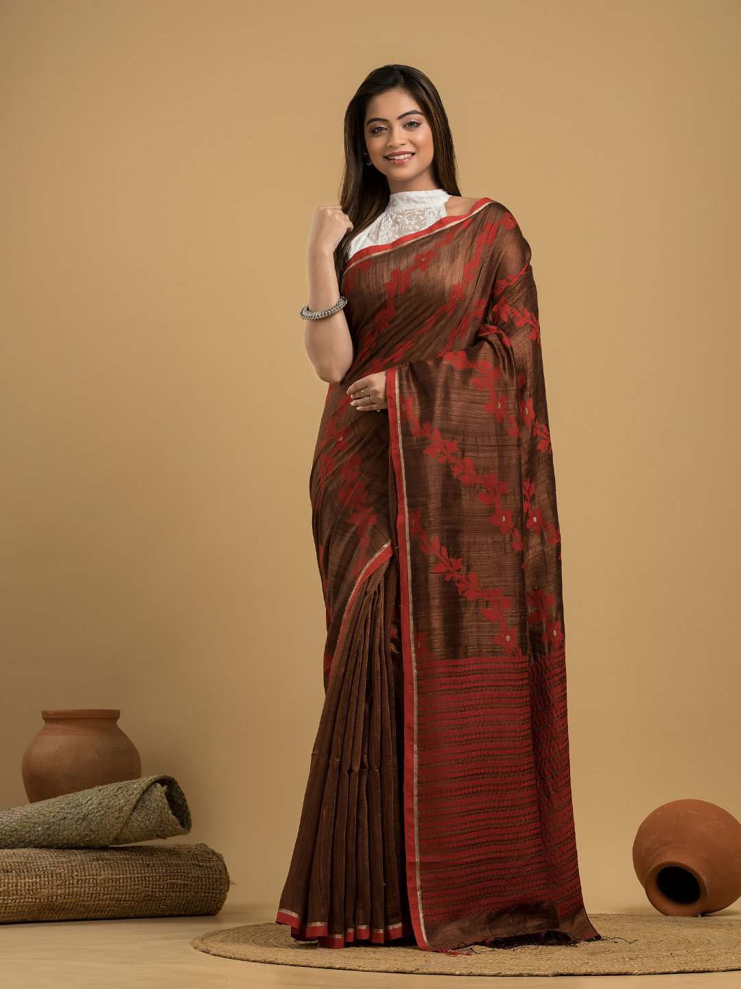 Red Brown Matka Silk Jamdani Saree - 049