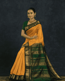 Pure Handloom Korvai Silk Cotton Vairaoosi Saree in Bright Yellow and leaf Green Border - 136