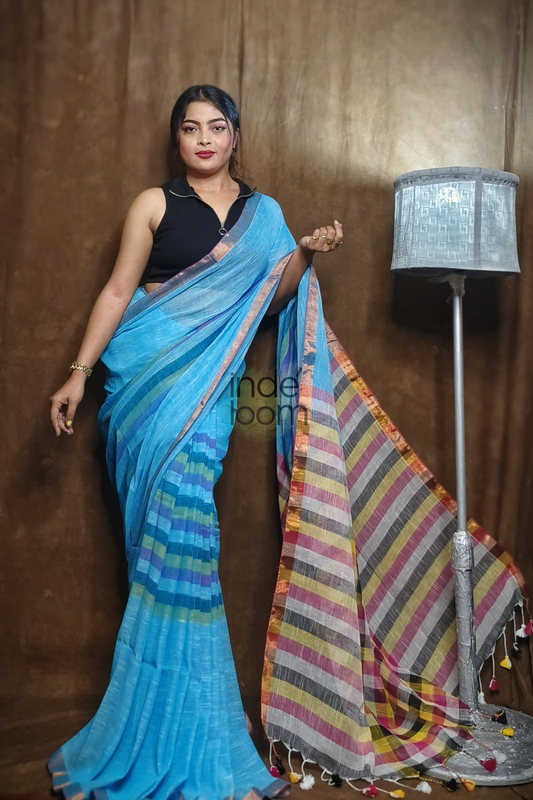 Handloom Linen Checks Saree with Indigo Blue-013