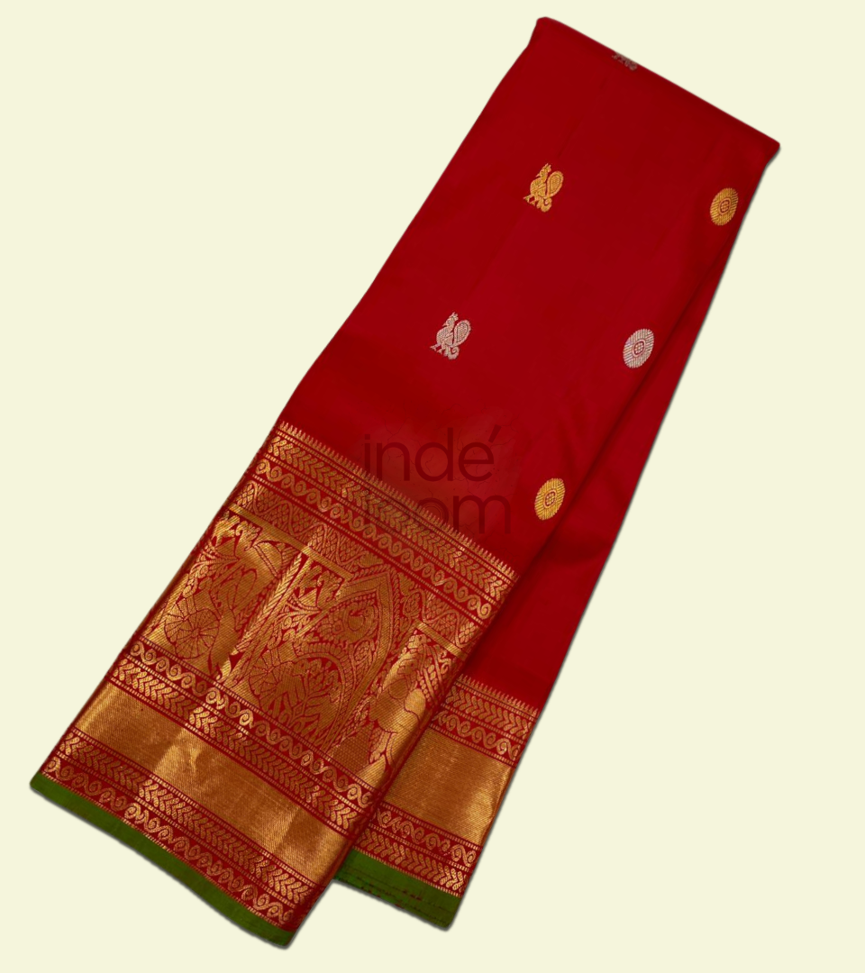 Pure Red with Silver and Gold Dots with  Golden Zari Kanjivaram Silk Saree-017