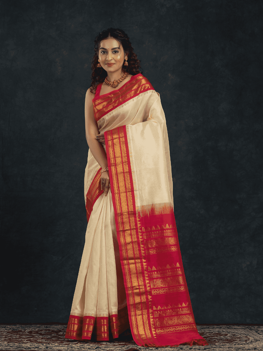 Pure Handloom Korvai Silk Cotton Saree in Rich Cream and Red Border with small Zari checks - 122