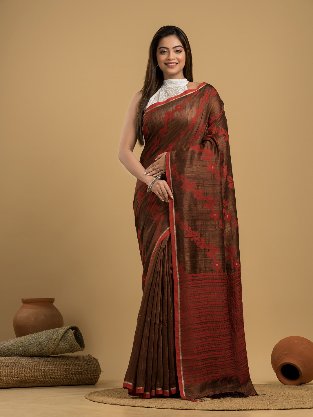 Red Brown Matka Silk Jamdani Saree - 049