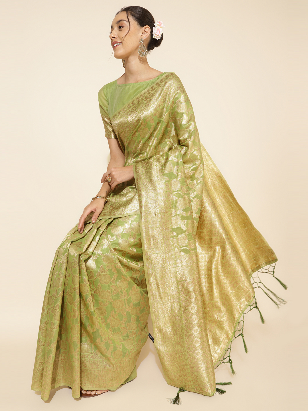 Benarasi Precision Loom Saree In Pear Green (Precision Looms)- 009