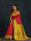 Pure Handloom Korvai Silk Cotton Saree in Classic Red and Golden Yellow with temple Border - 117