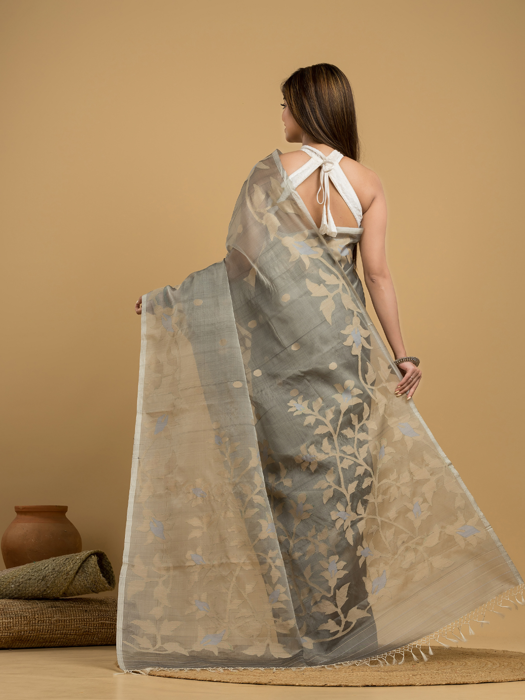 Light Black Cotton Silk Jamdani Saree - 027