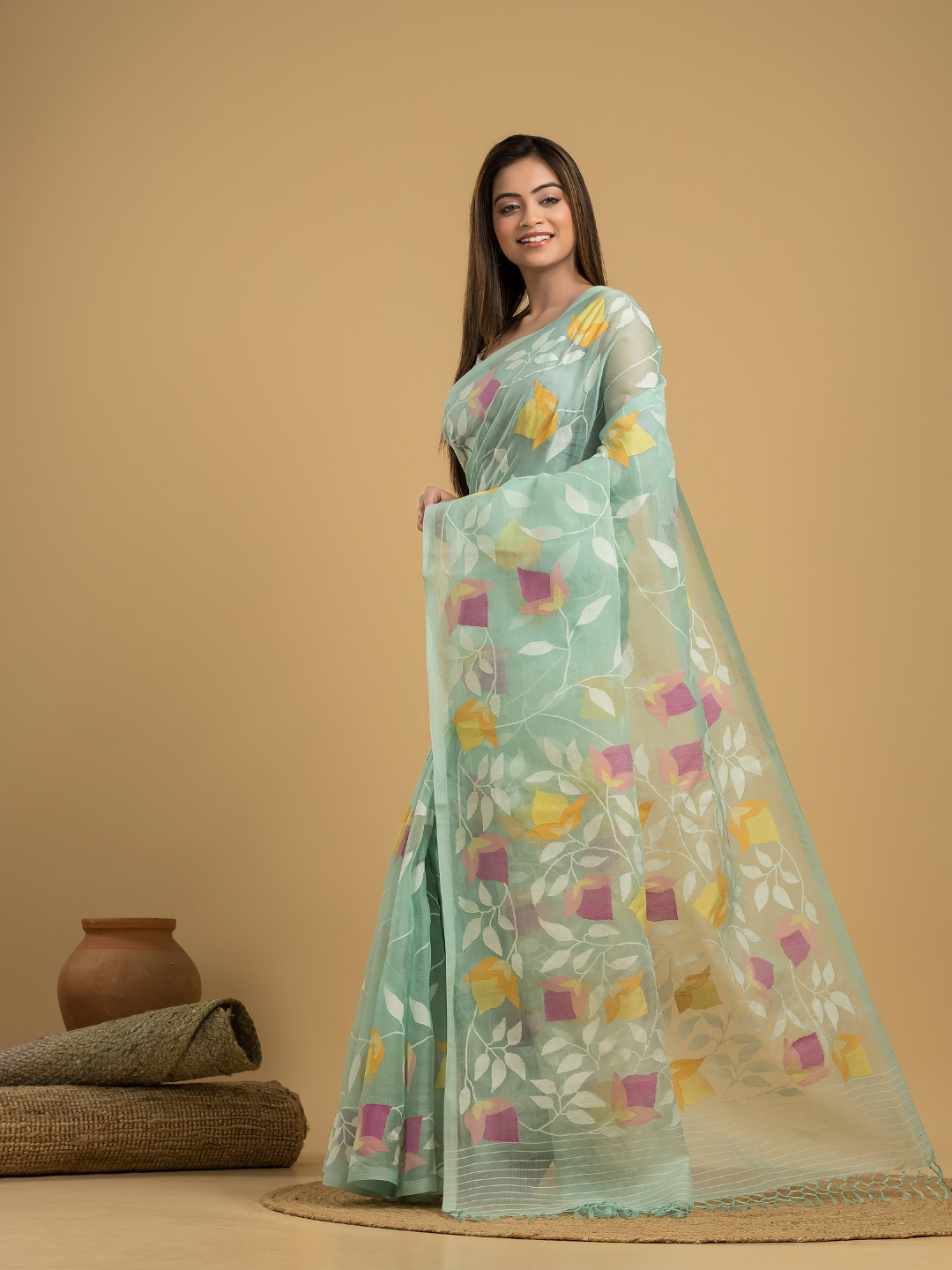 Mint Green Matka Silk Jamdani Saree - 043