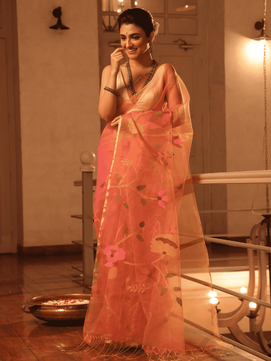 Neon Orange Hand Made Jamdani Saree -099